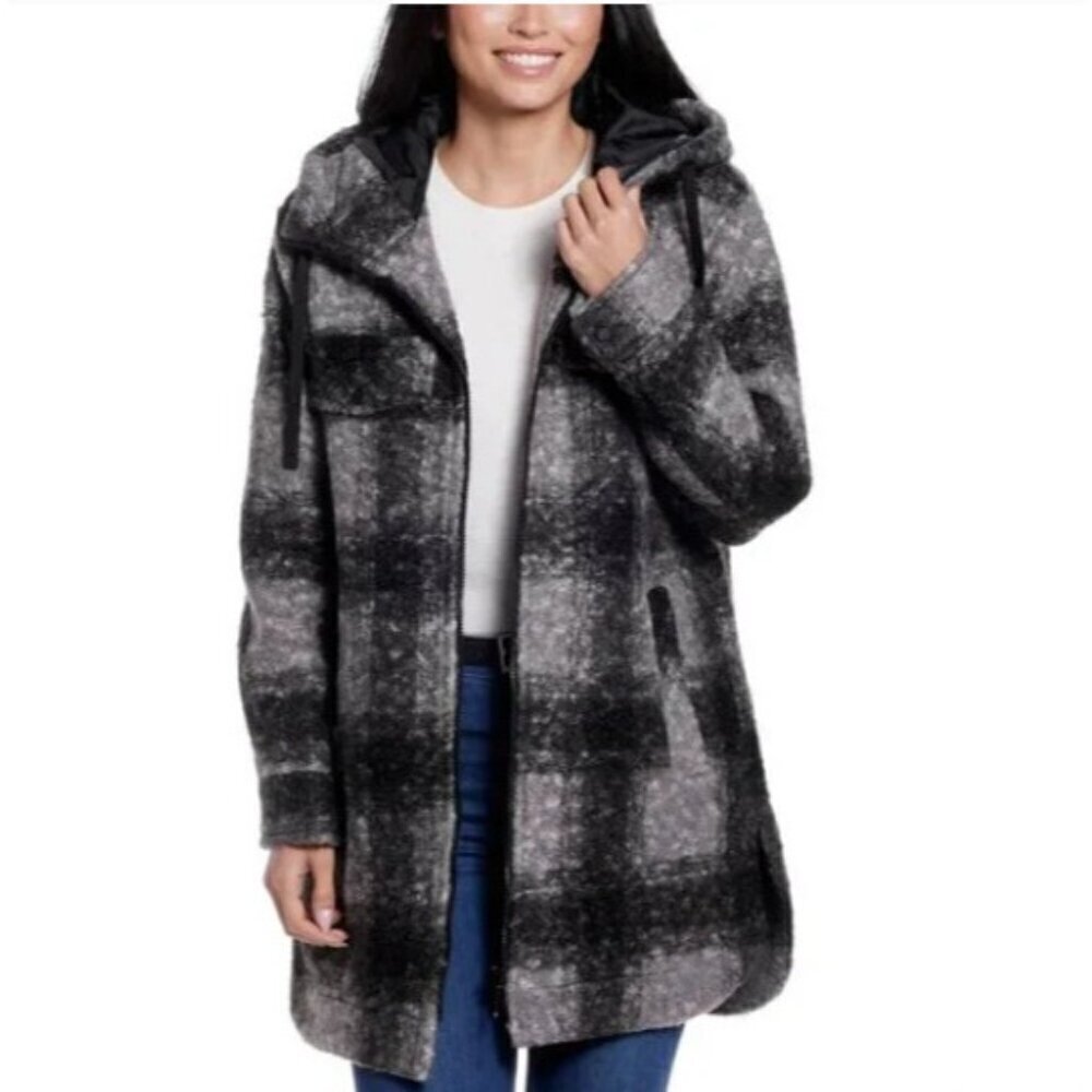 NEW  Weatherproof Ladies Boucle Plaid Hooded Jacket - BLACK